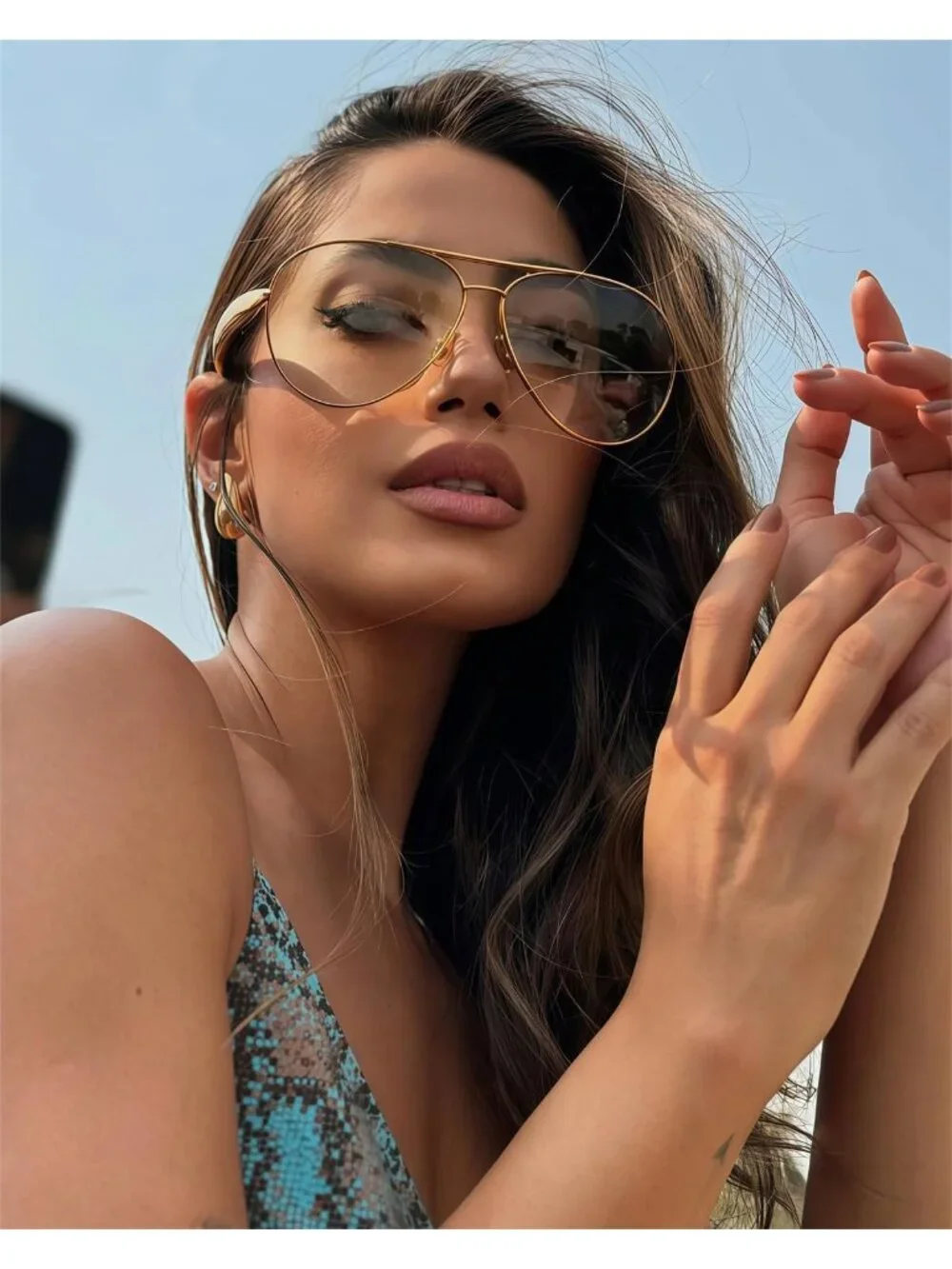 Unisex Gold Frame Clear Lens Aviator Sunglasses Metal Oversized Aviators Sun